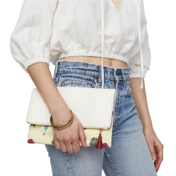 Rachel Pally Leather Trimmed Fold-over Clutch Cream Floral Pattern NWOT - Picture 12 of 14